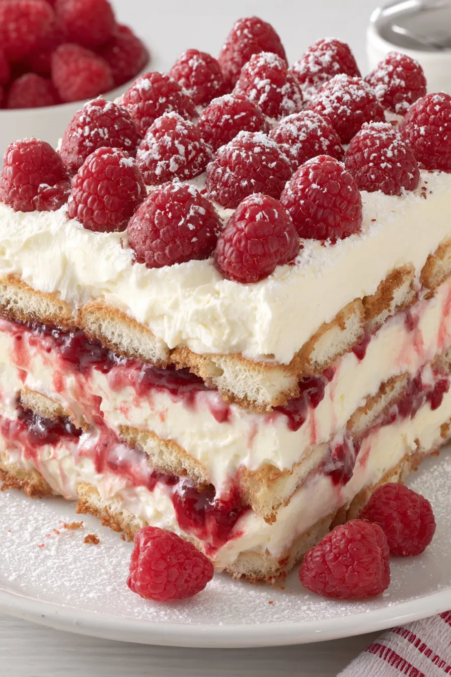 A cake with white frosting and raspberries on top.