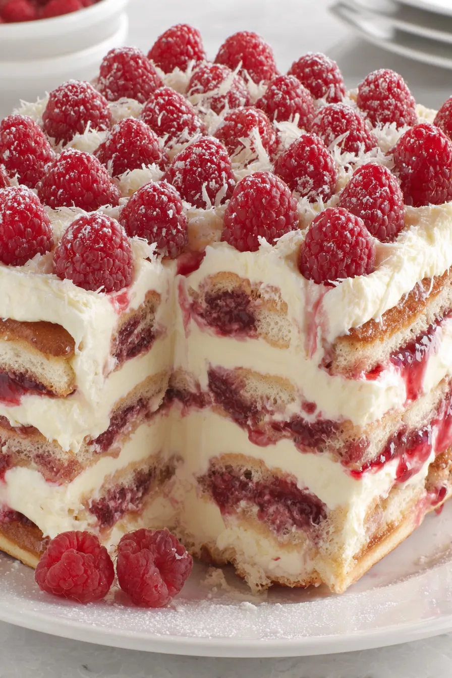 A slice of cake with raspberries on top.