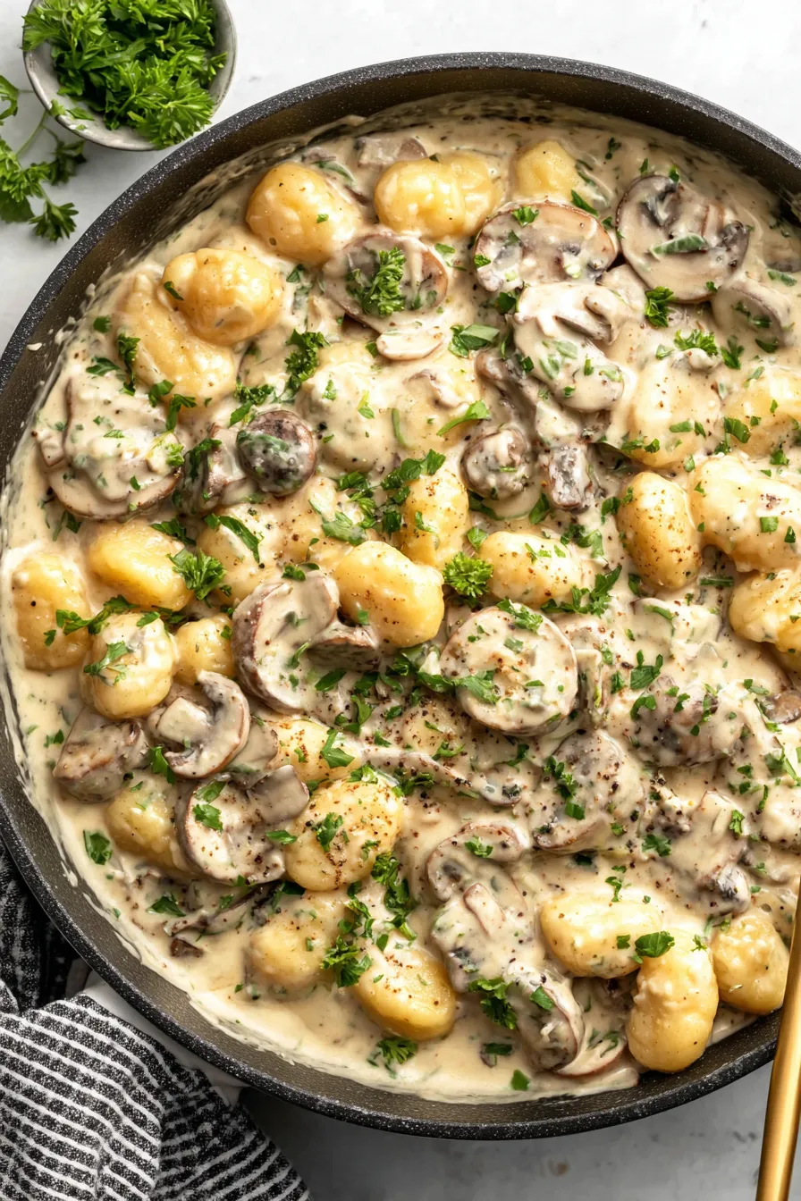 A dish of mushrooms and potatoes.