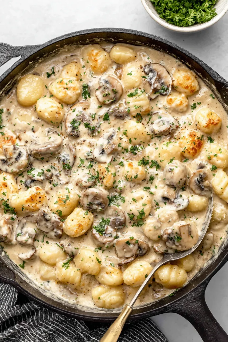 A bowl of mushroom and pasta.