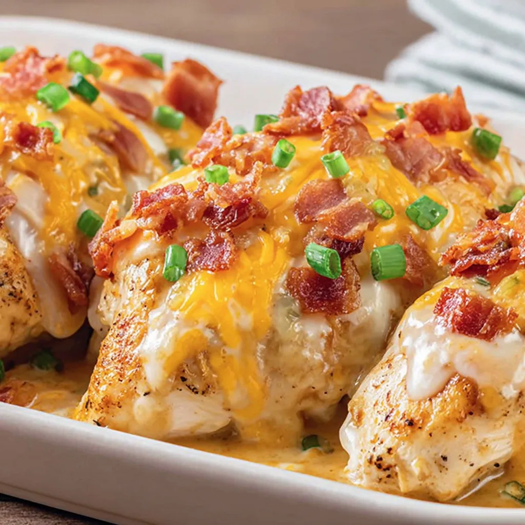 A plate of bacon and cheese covered chicken.