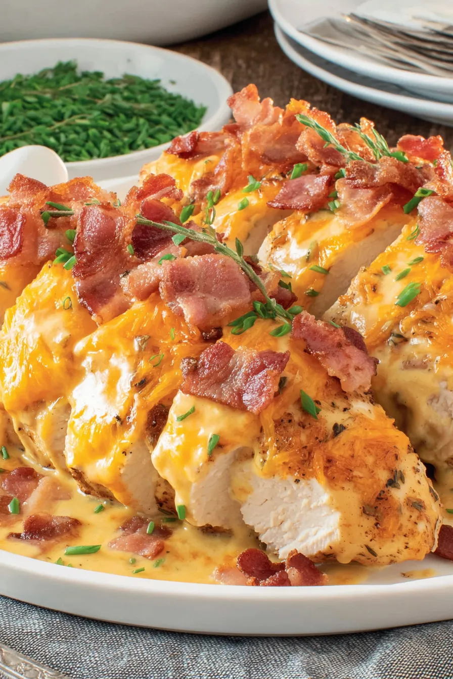 Bacon wrapped chicken with cheese and herbs.