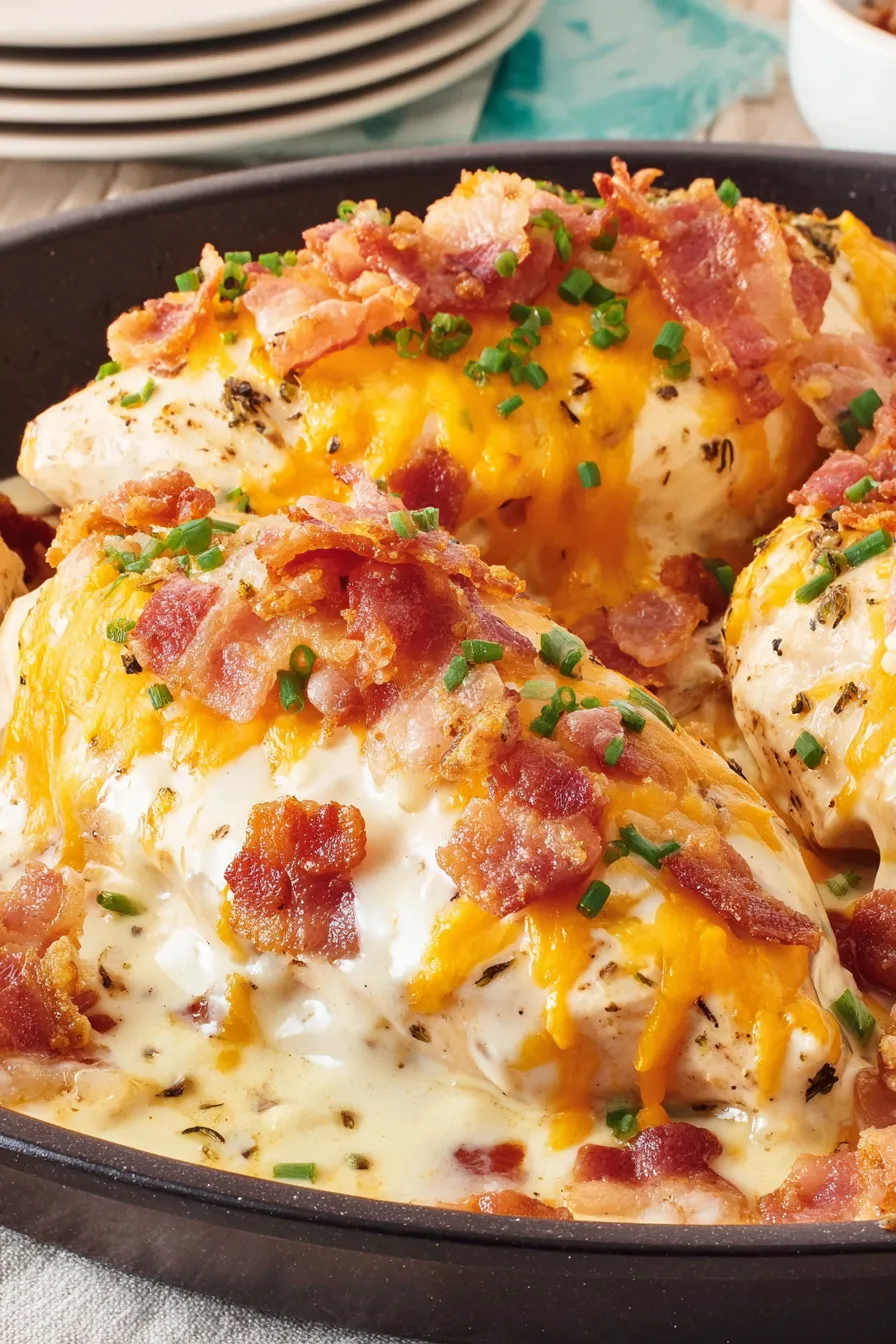 Bacon and cheese covered chicken.