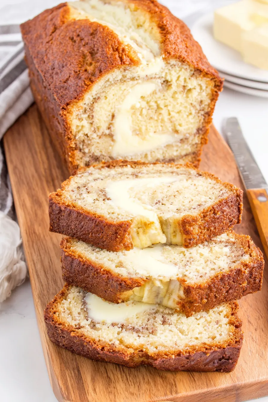 A loaf of bread with bananas and butter.