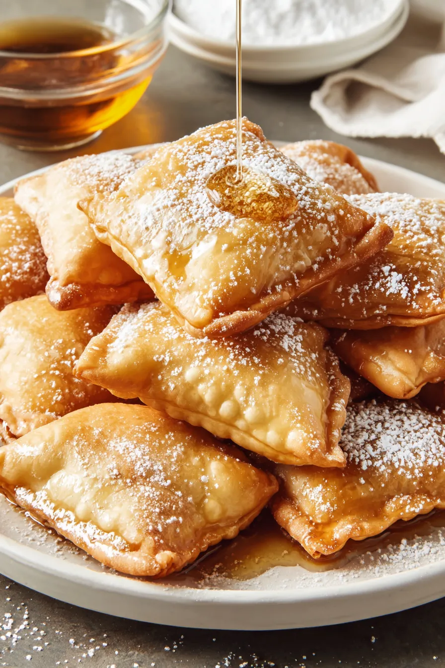 A plate of pastries with powdered sugar on top.