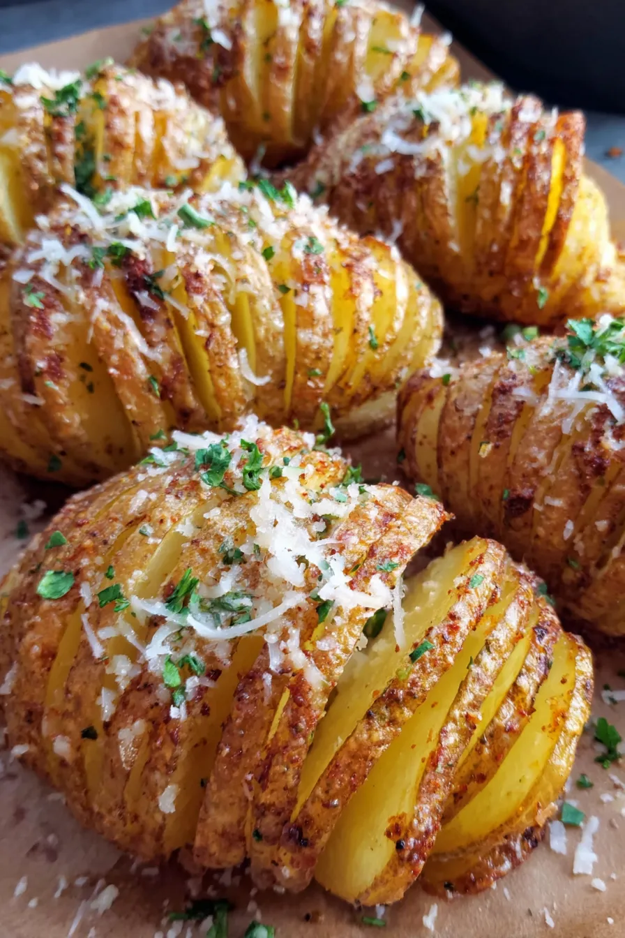 Sliced potatoes with cheese and herbs.