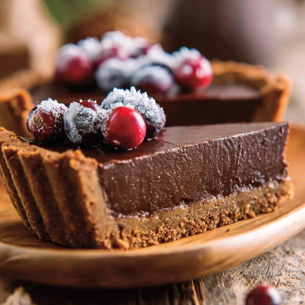 A slice of chocolate cake with berries on top.