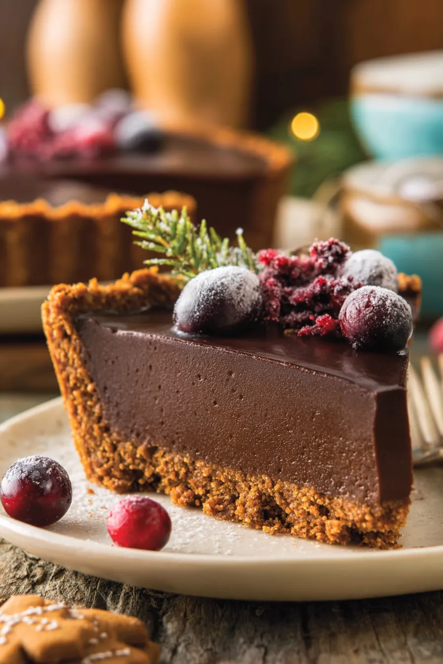 A slice of chocolate cake with berries on top.