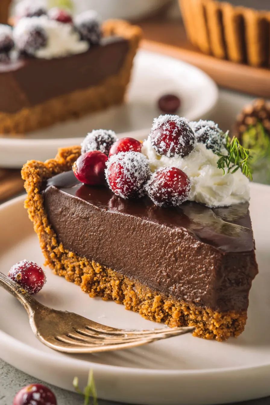 A slice of chocolate cake with berries on top.