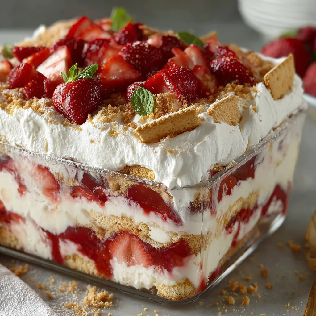 A strawberry shortcake with whipped cream and strawberries.