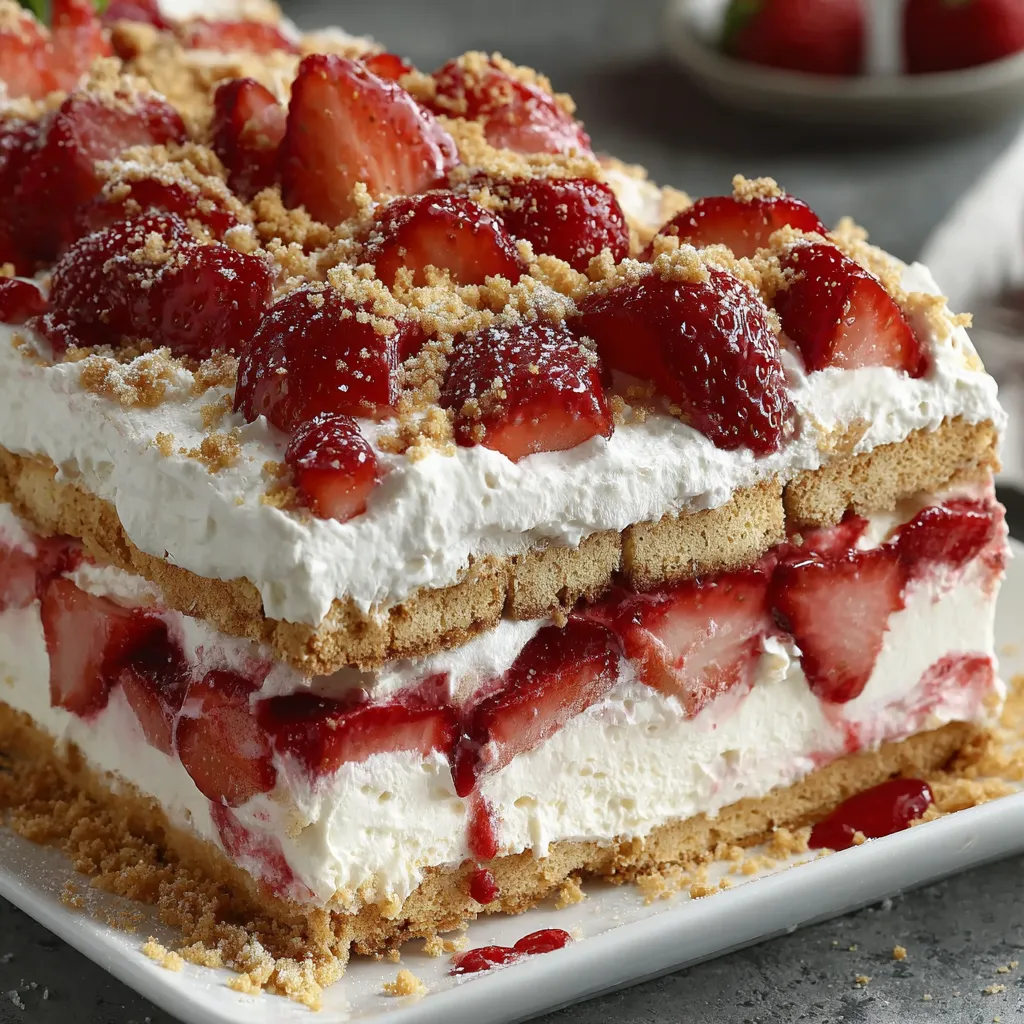A slice of cake with strawberries and whipped cream.