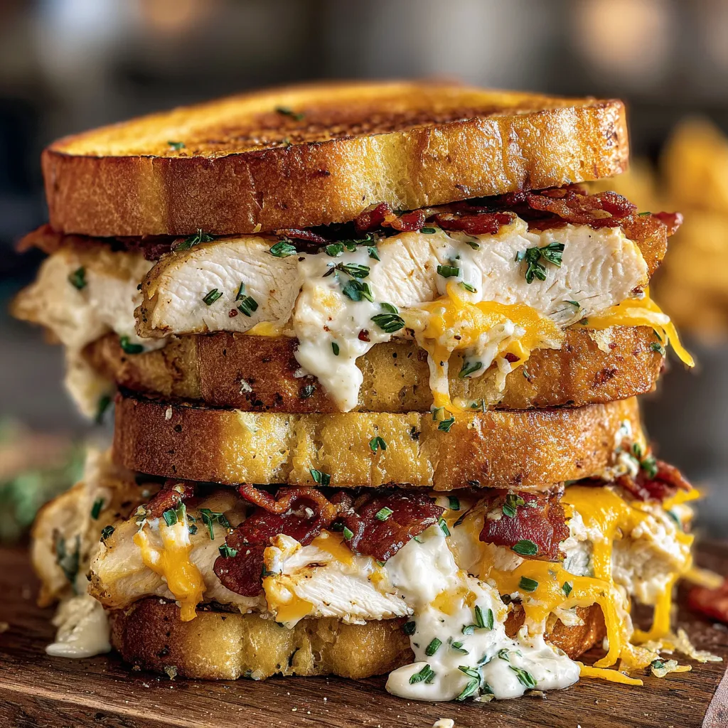A stack of sandwiches with cheese and bacon.