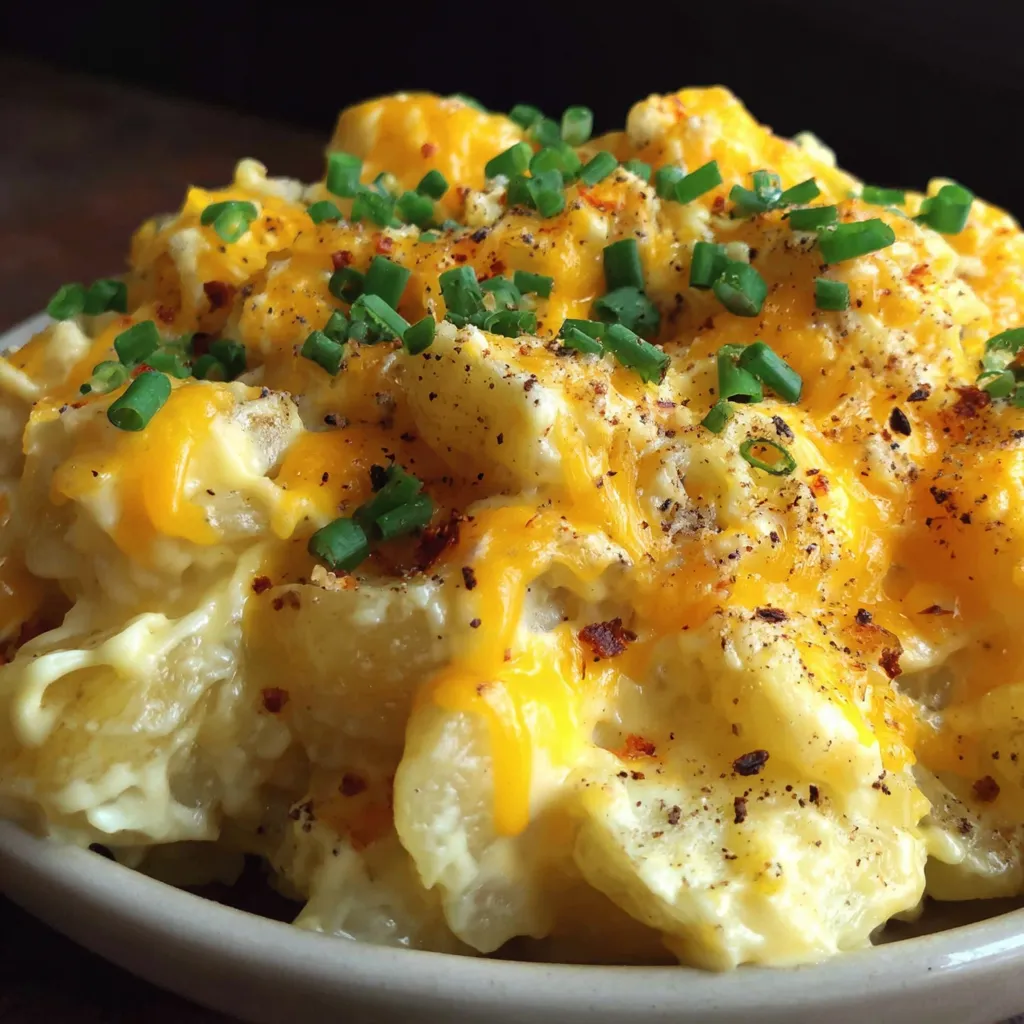 A bowl of food with cheese and chives.