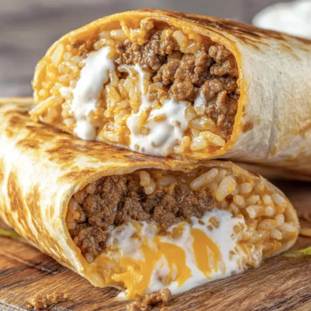 A burrito with rice and meat.