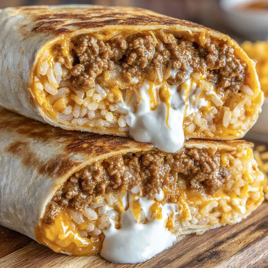 A burrito with rice and meat on a wooden table.