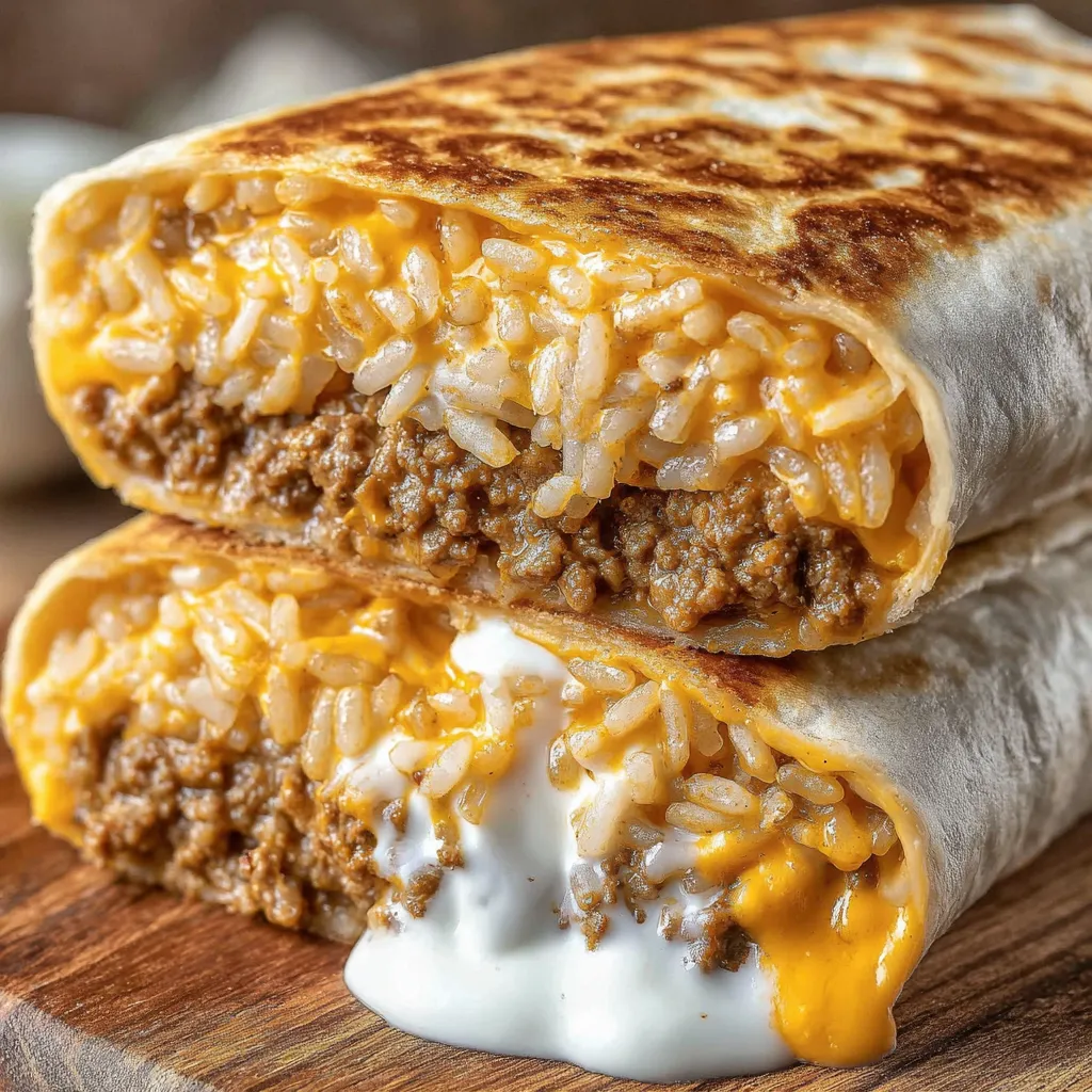 A burrito with rice and meat.