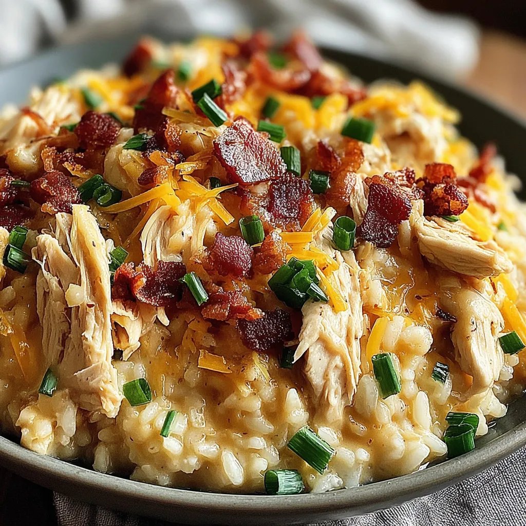 A bowl of rice with bacon and cheese.