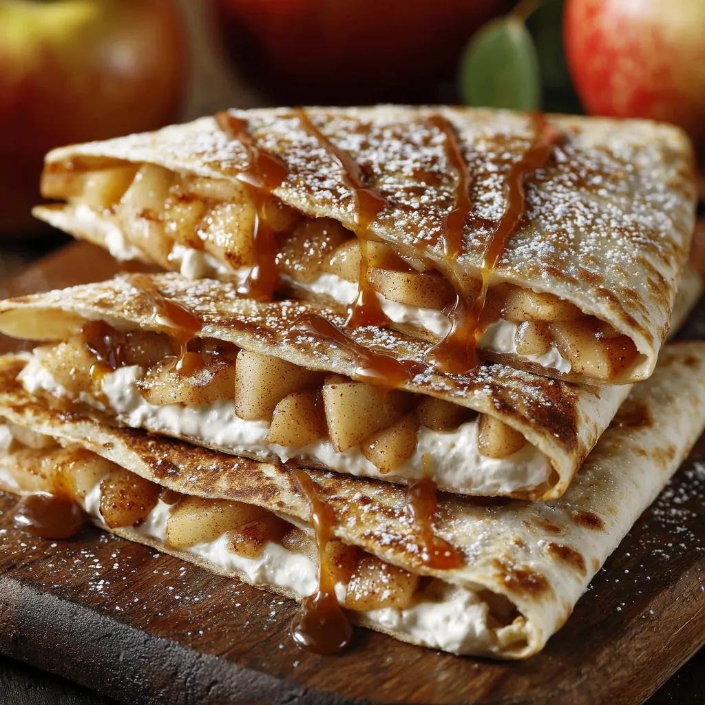 A stack of apple pies with caramel sauce drizzled on top.