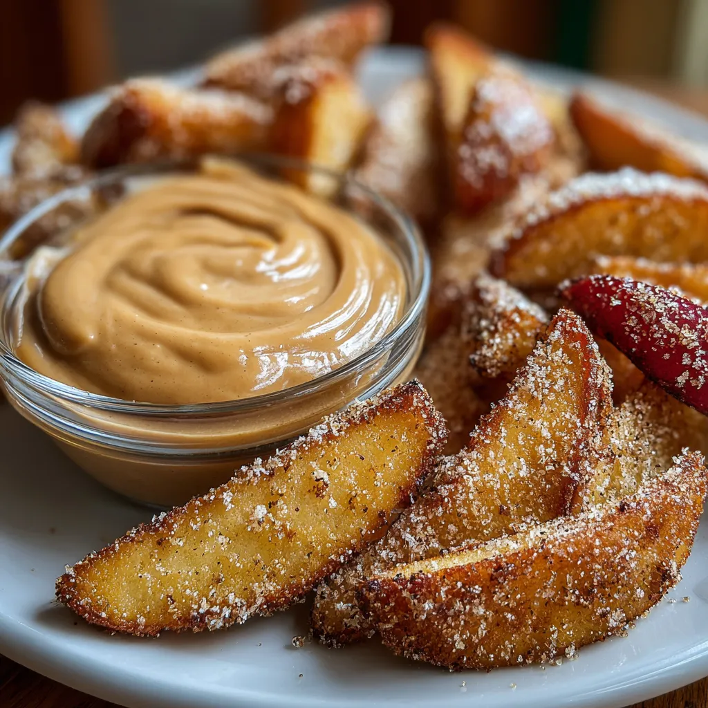 A plate of fries with a dipping sauce.