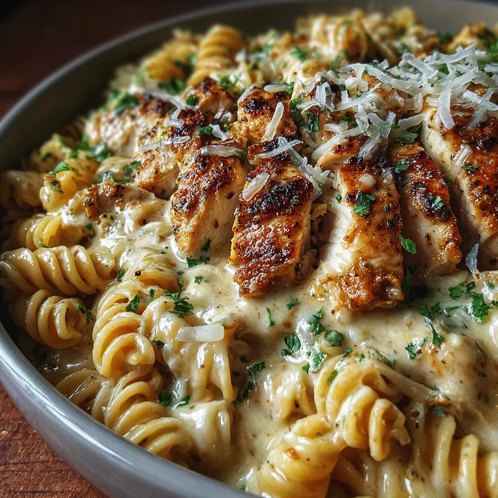 A bowl of pasta with chicken and cheese.