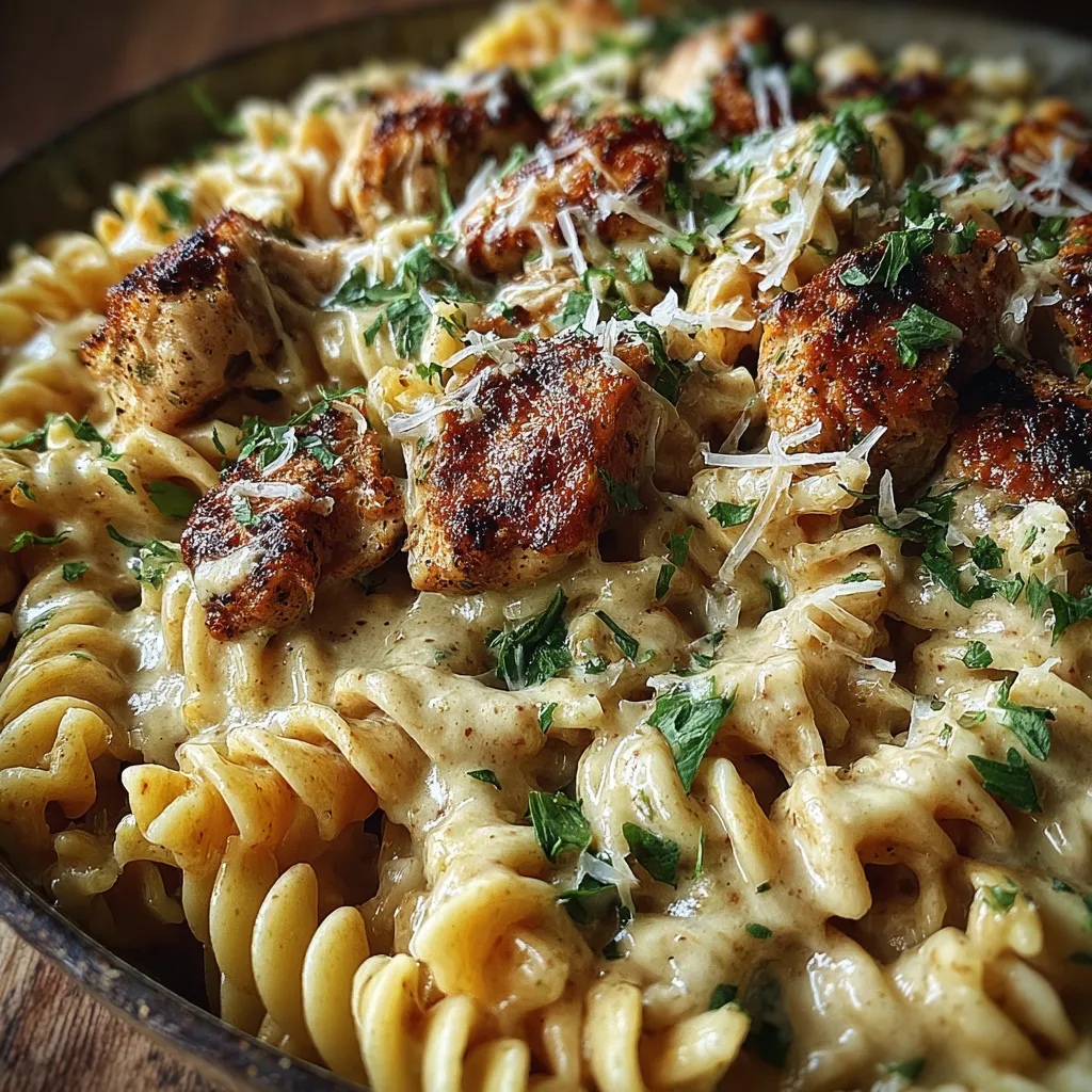 A bowl of pasta with chicken and cheese.