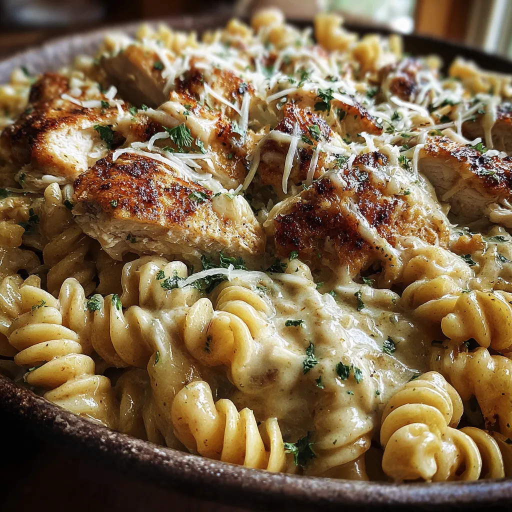 A bowl of pasta with chicken and cheese.