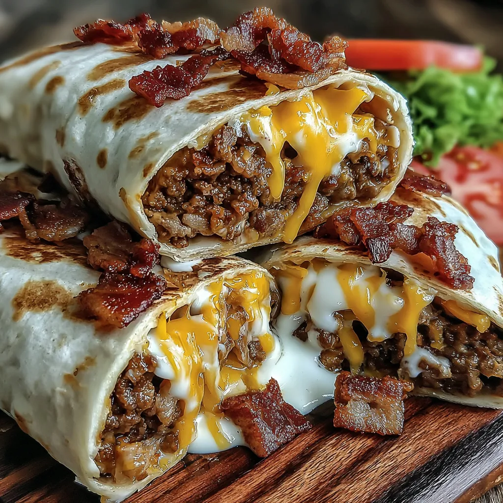 A burrito with cheese and bacon on a wooden table.