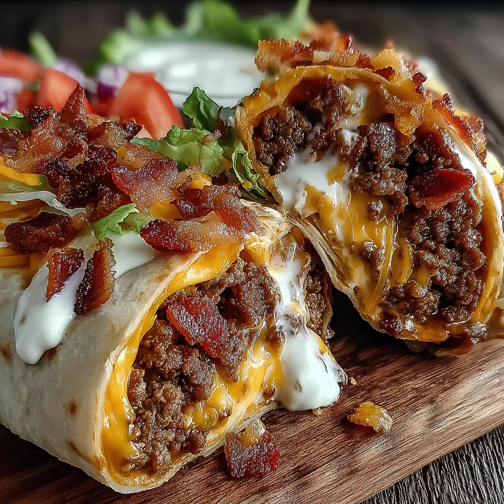 A burrito with cheese and bacon on a wooden table.