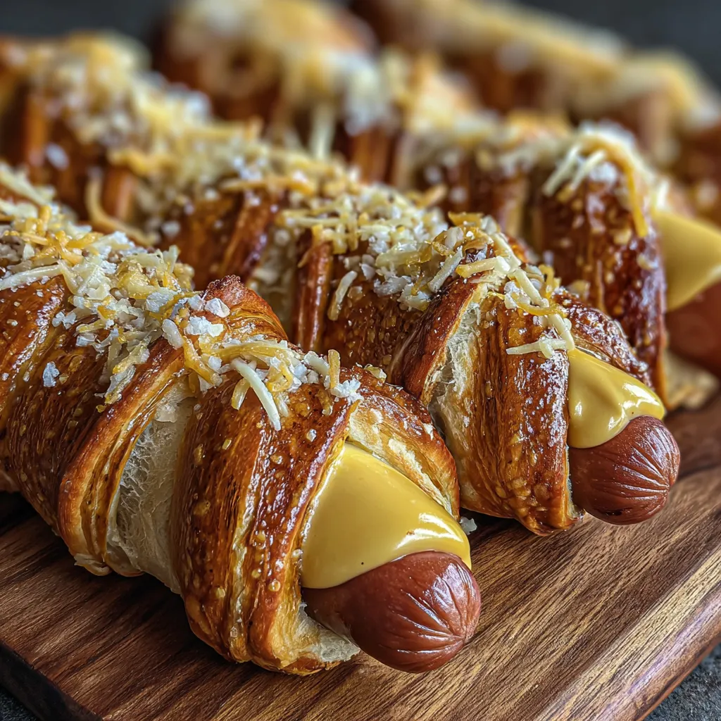 Two hot dogs with cheese and mustard on a wooden platter.