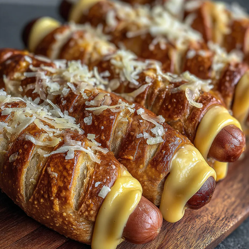 Two hot dogs with cheese and onions on a wooden board.