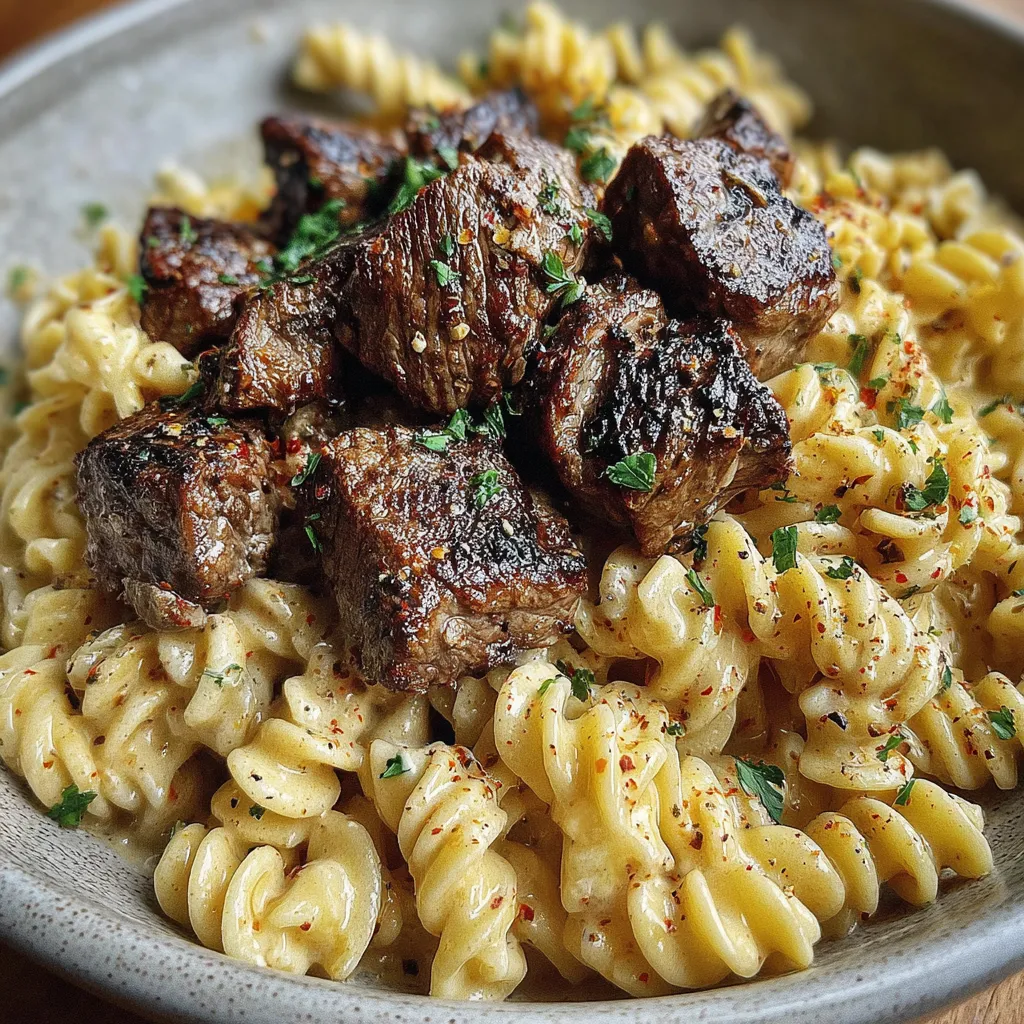 A bowl of pasta with meat and herbs.