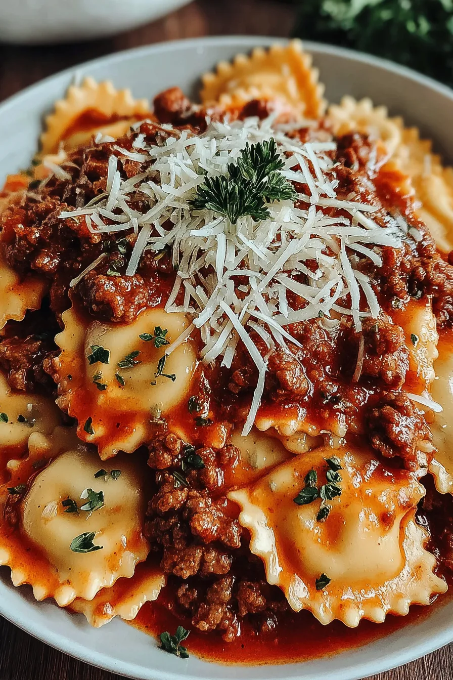 A plate of pasta with meat sauce.