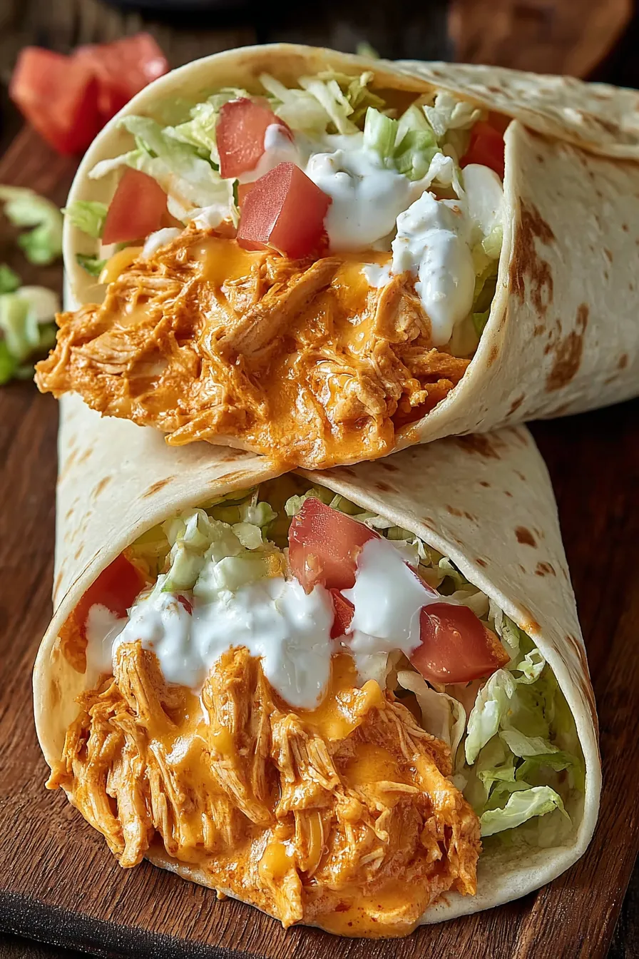 Two chicken wraps with lettuce and tomatoes.