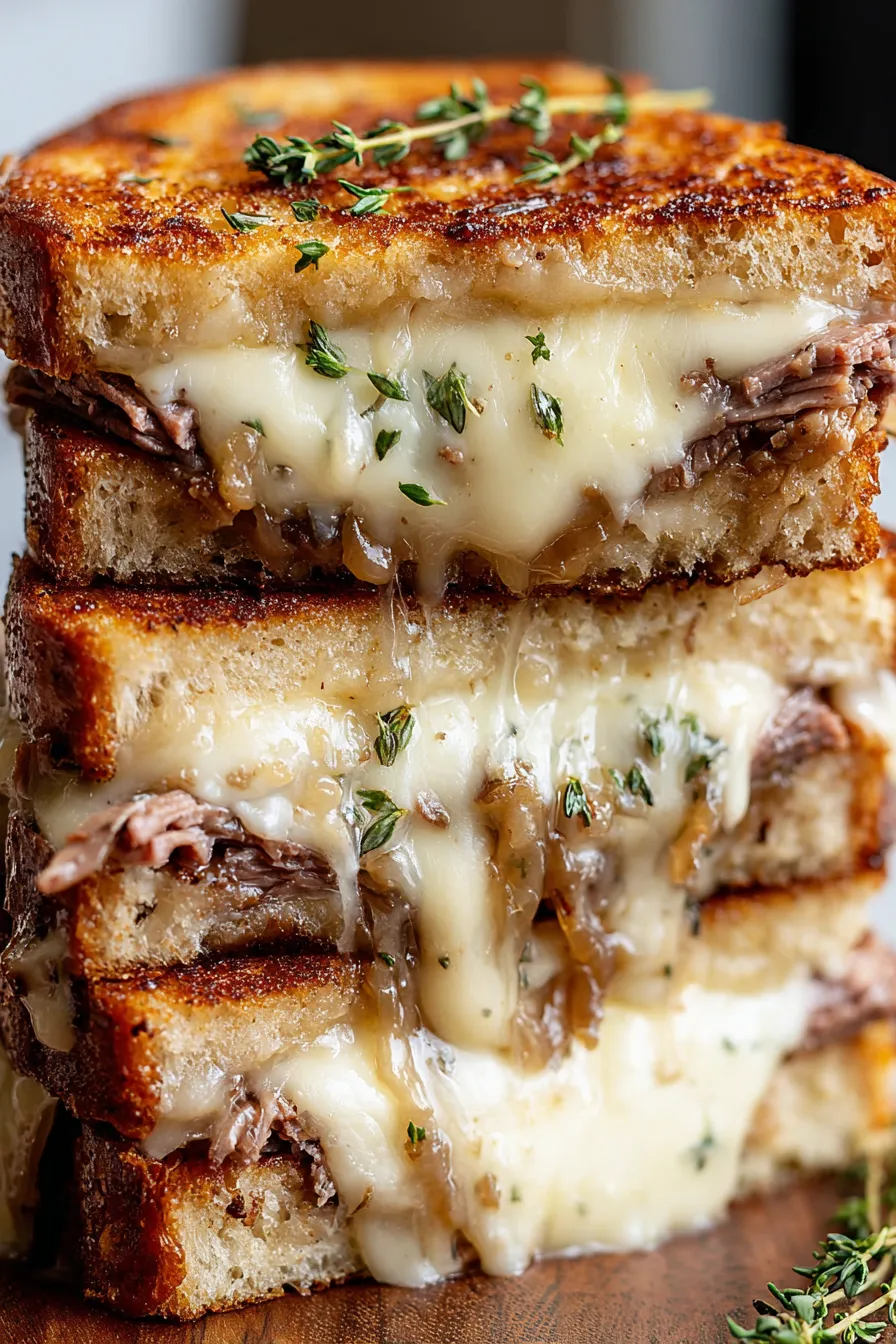 A stack of sandwiches with cheese and onions.