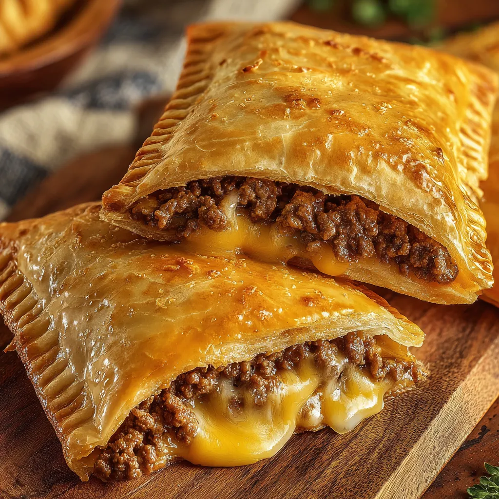 Two pieces of meat and cheese in a pastry.