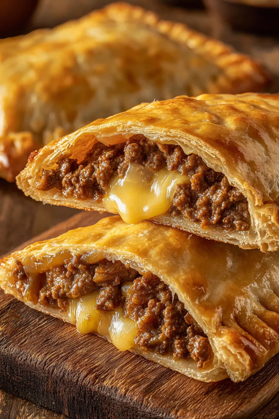 A close up of a delicious pastry with meat and cheese.