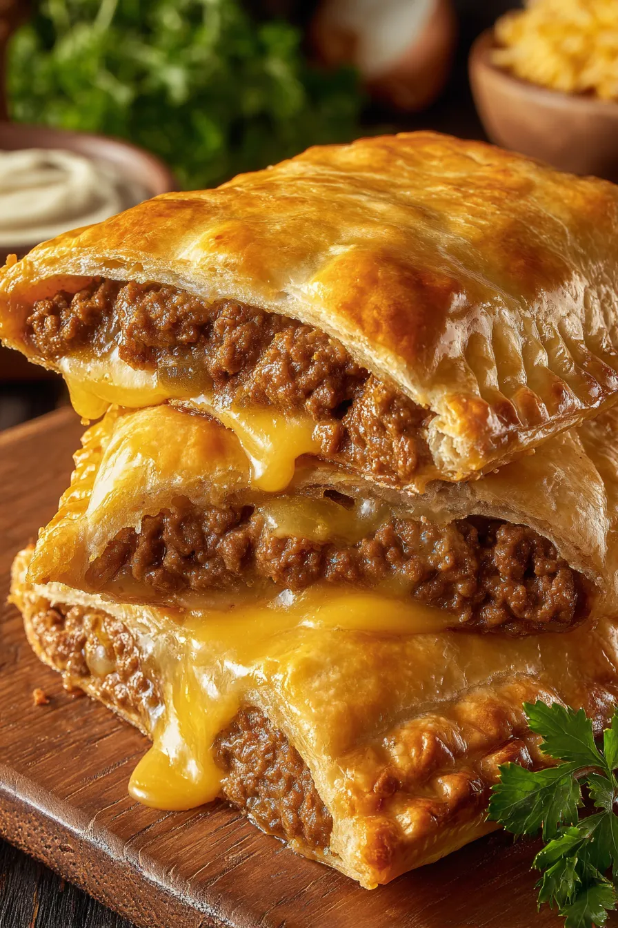 A stack of three meat filled pastries.