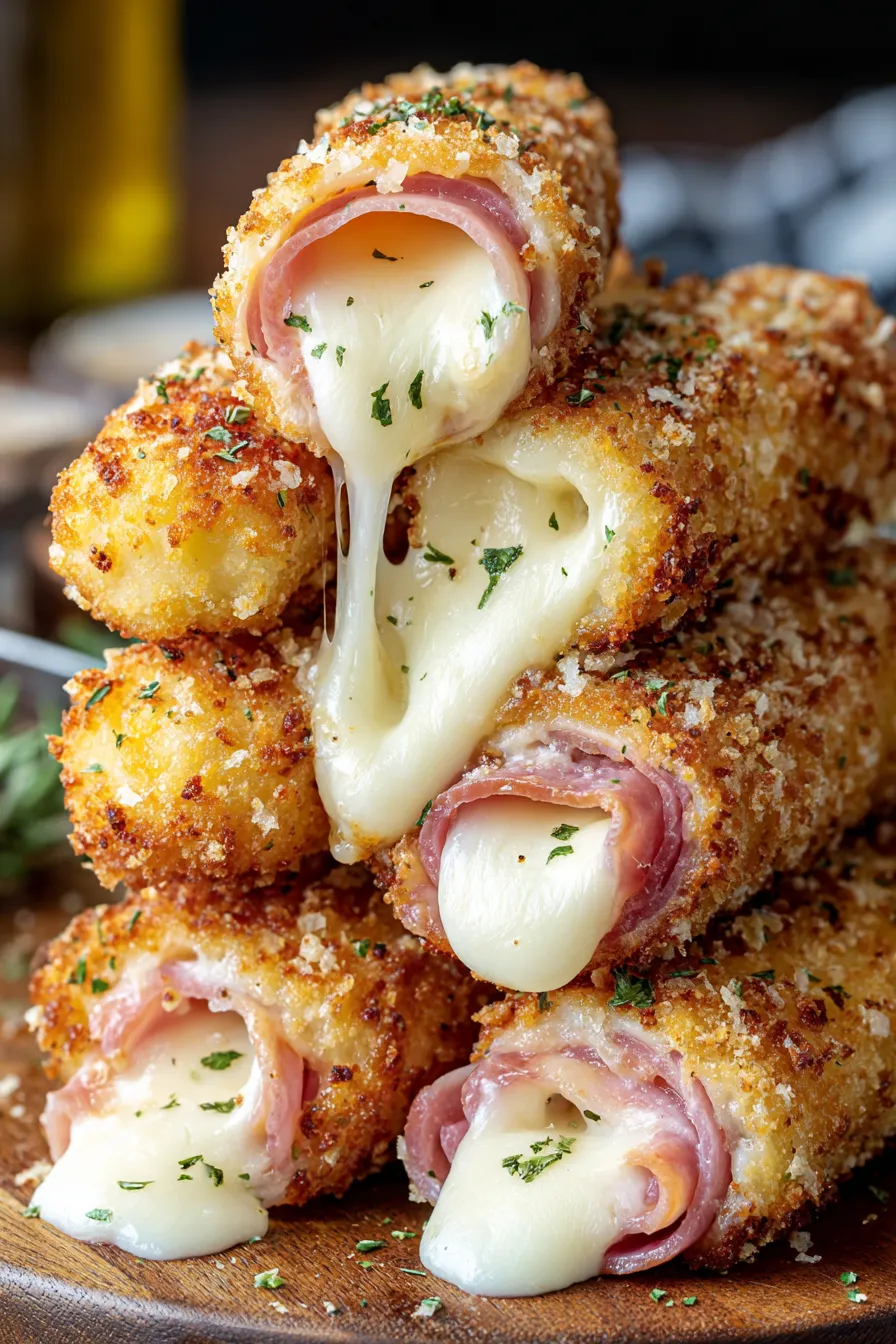 A stack of breaded ham and cheese sandwiches.