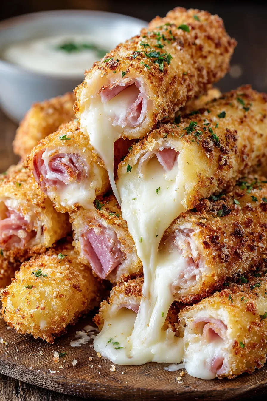 A stack of breaded meat with cheese dripping off.
