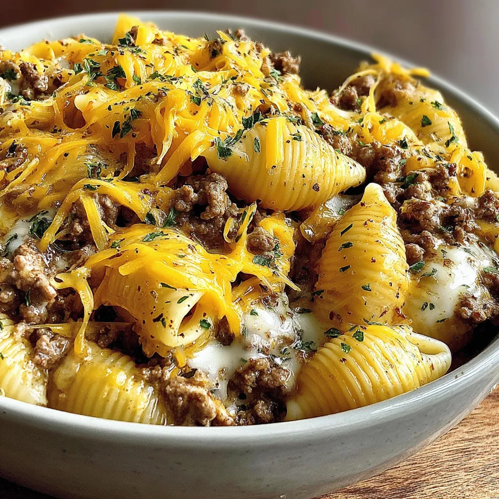 A bowl of pasta with cheese and meat.