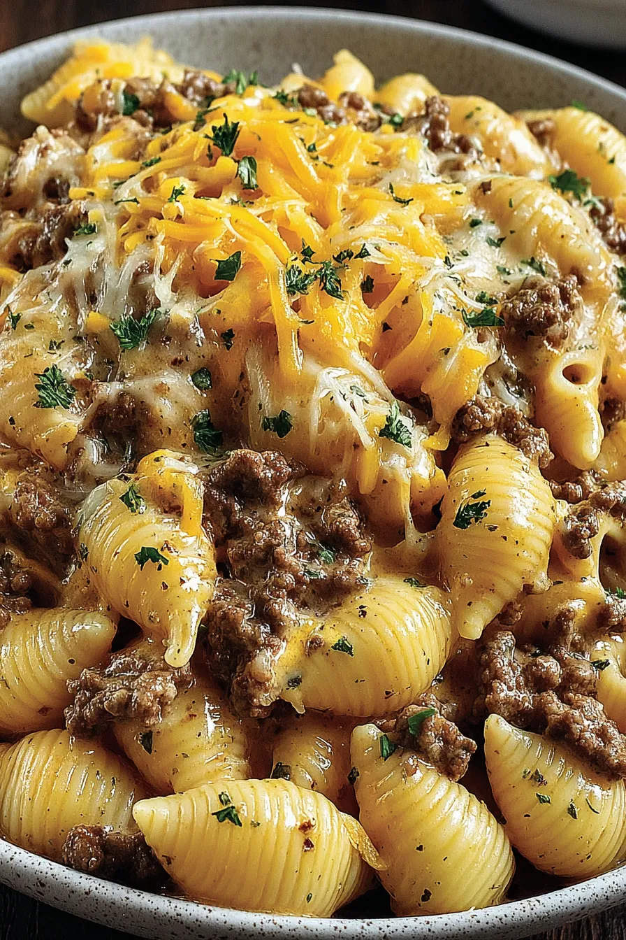 A plate of pasta with cheese and meat on top.