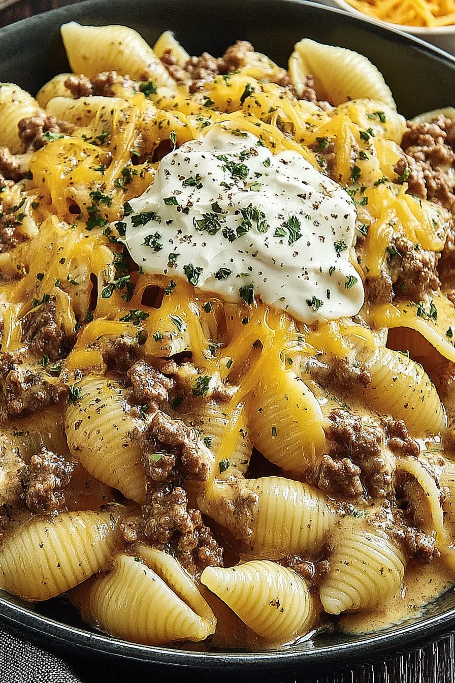 A bowl of pasta with cheese and meat on top.