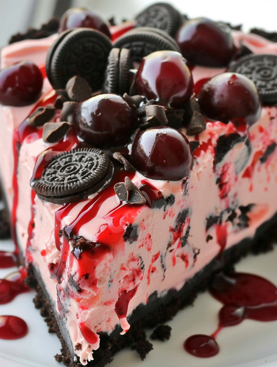 Oreo Cherry Chocolate Chip No Bake Cheesecake