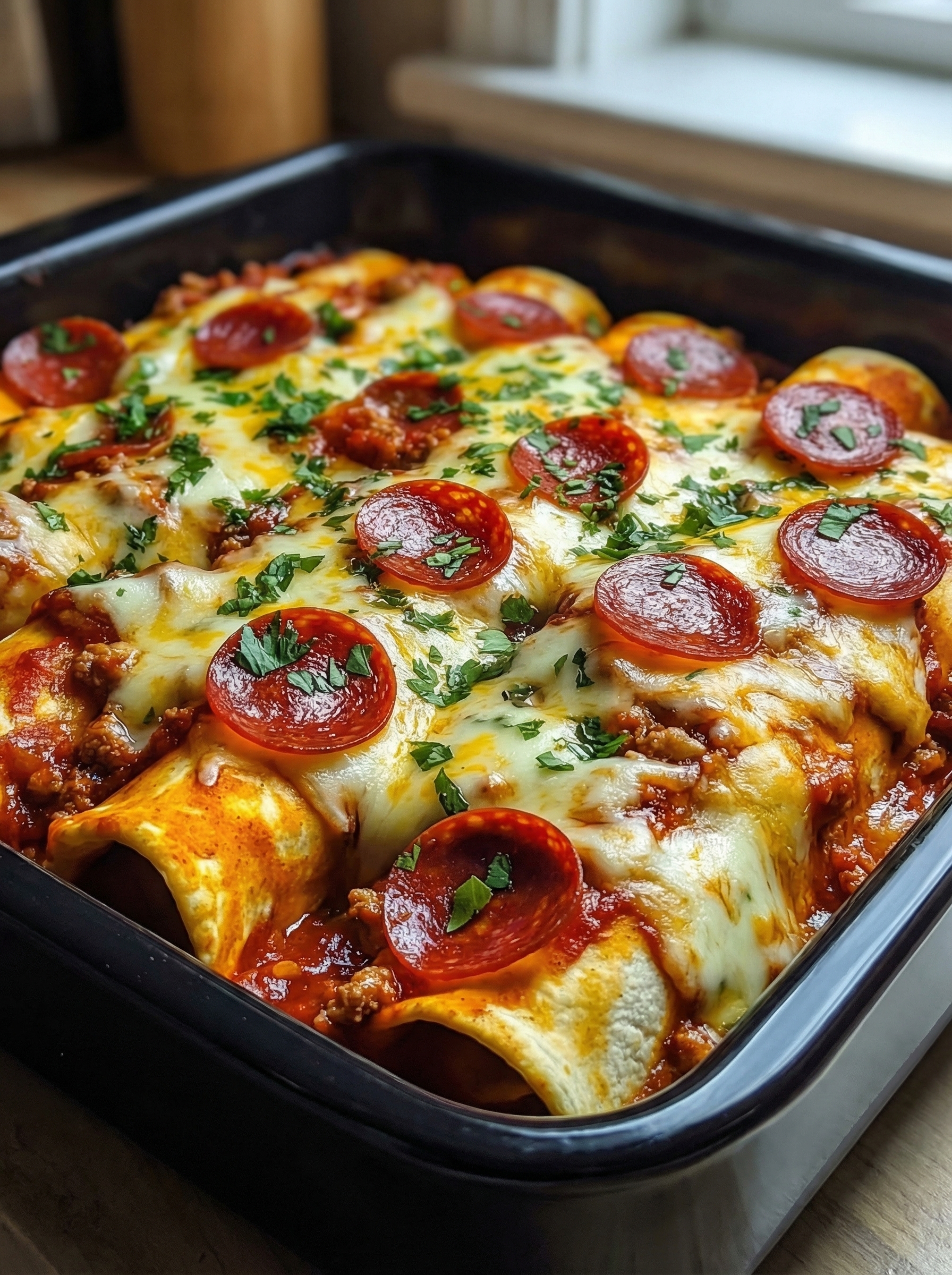 Pizza Enchiladas with Pepperoni Beef