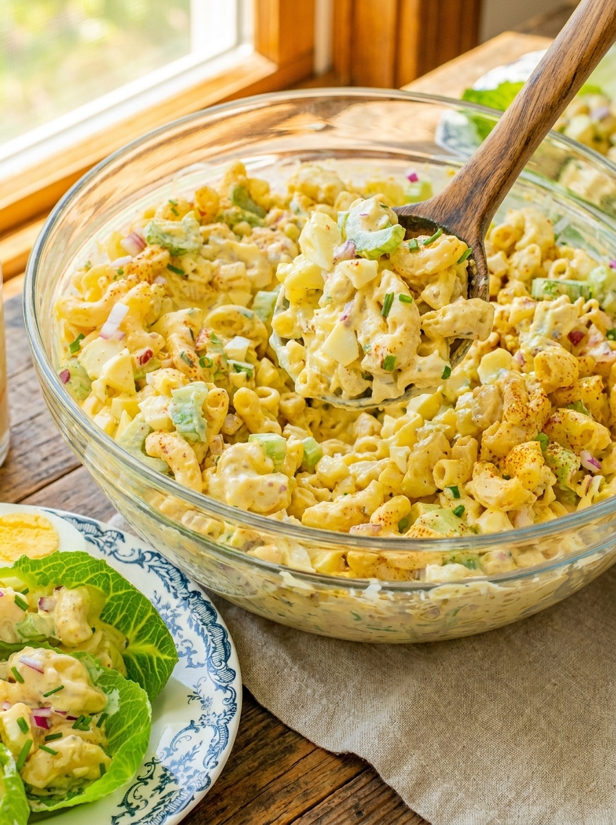 A bowl of macaroni salad with a spoon in it.