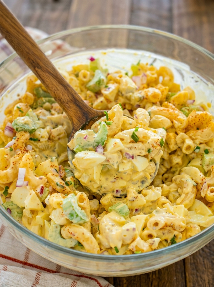 A bowl of macaroni salad with a wooden spoon in it.