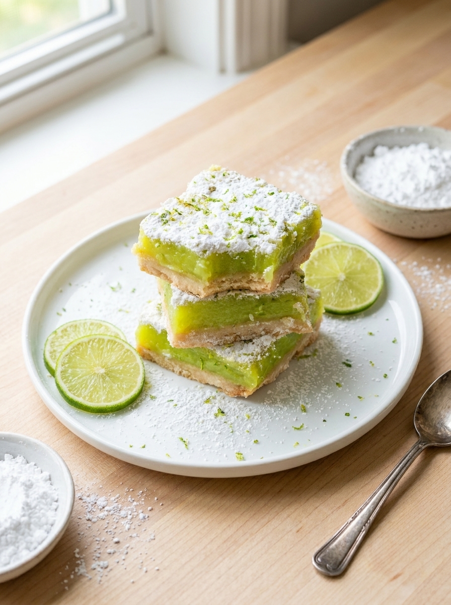 A plate of lime bars with powdered sugar on top.