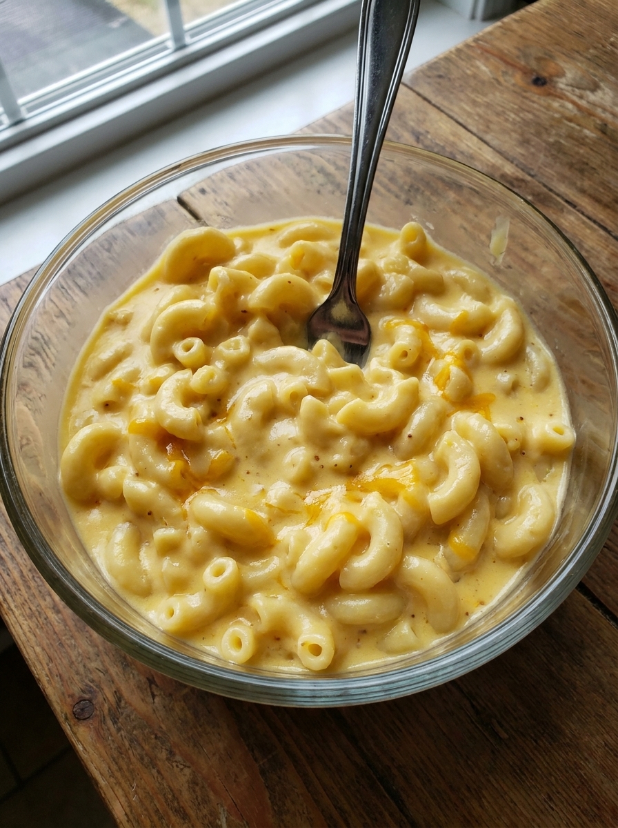 A bowl of mac and cheese with a spoon in it.