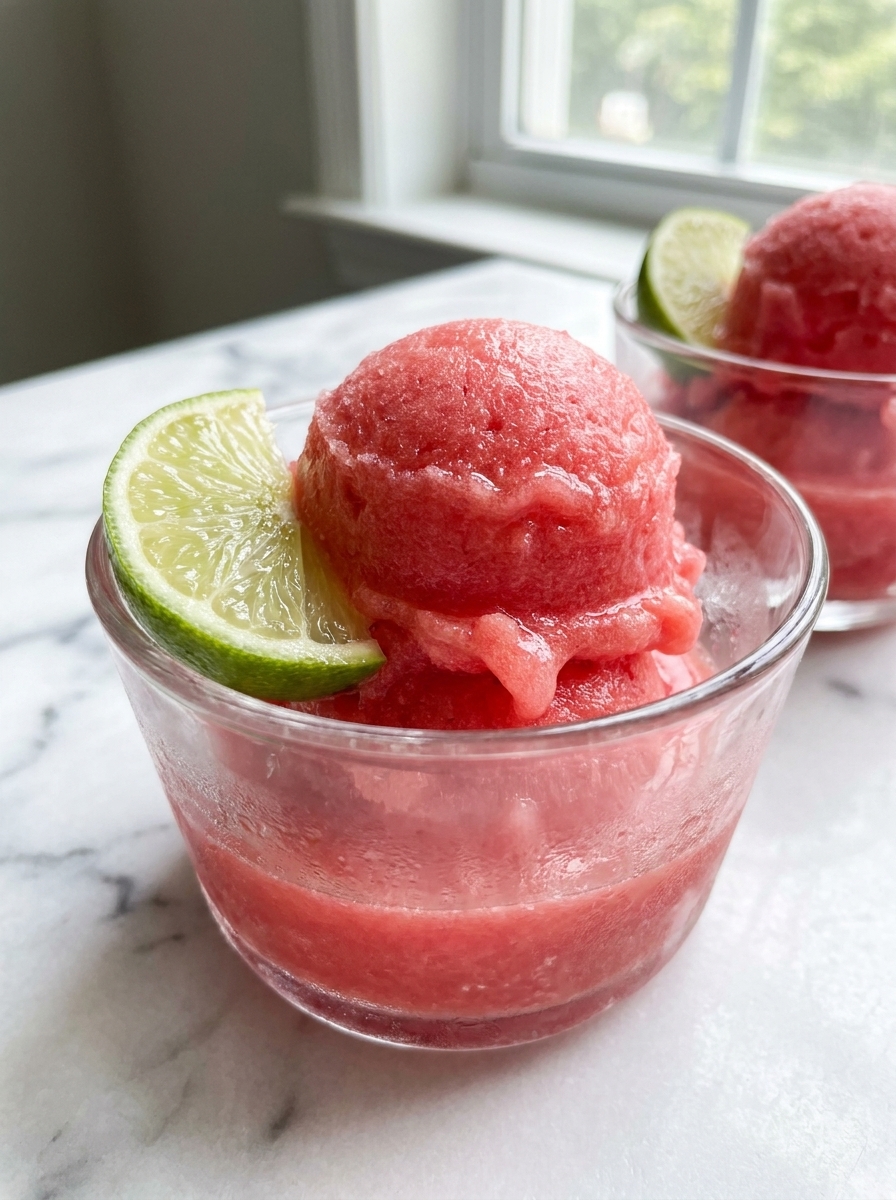 A bowl of watermelon sorbet with a lime wedge on top.