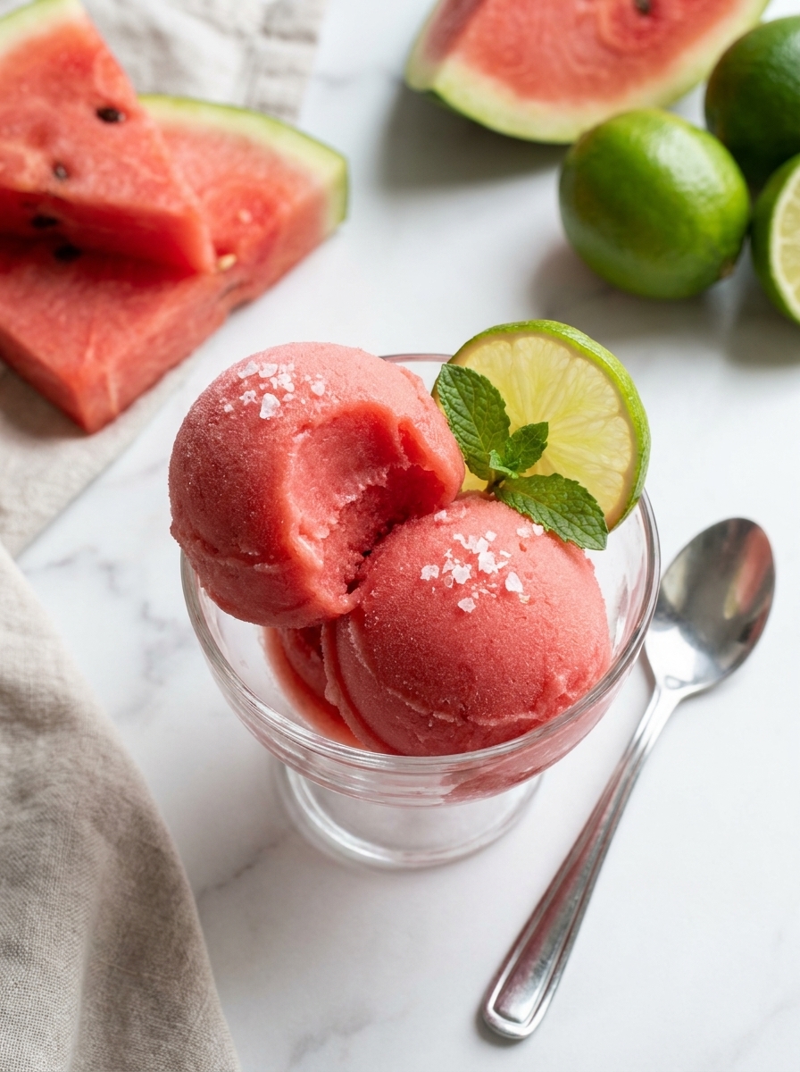 A glass of watermelon sorbet with a lime wedge on top.